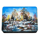 0072525 ШКАТУЛКА с художественной росписью Зима в деревне Храм перламутр15*11*3,5 см