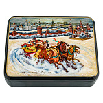 200112 ШКАТУЛКА с росписью "СТАРАЯ МОСКВА,ТРОЙКА" зима,18*15*6 см