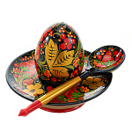 Солонка, ложка и блюдце с росписью. Хохлома