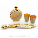 26273 Златоуст НАБОР "Медведь"Фляга+2 стопки и НОЖ, позолота, в ПУ (637) 