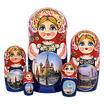 100420 МАТРЕШКА "МОСКВА. ХВБ" красно-синяя  5 мест 19 см