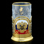 0066445 Златоуст Подстаканник "Герб" триколор SUV - 7414 РФ позолота, эмаль, с ложкой и стаканом