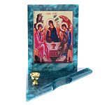 0039529/8954 Нат.камень ИКОНА с подсвечником СВЯТАЯ ТРОИЦА малая змеевик 95*95*100мм 350гр