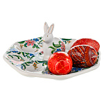 Тарелка-пасхальница с ручной росписью "Кролик. Цветы" на 8 яиц