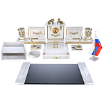 0053883  Нат.камень Письменный набор Мрамор (белый) "КОНИ" лоток, коврик