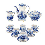 09103/зол Гжель Сервиз Кофейный "Тюльпан" в зол. на 6 п 15 предм. Авт. Алехин С.С.