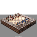 0019310-ШАХМАТЫ "БОРОДИНО" Оловянная миниатюра h=7см, d=2,5см +ДОСКА-ларец 47*47см 