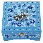 0074839/12*11,5см  Хохлома Шкатулка "ЗИМА/ТРОЙКА" голуб 12*11,5см  