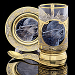 0064640 Златоуст Подстаканник "Волк"+ ч/л +блюдце в ПУ, чернение сер., гравировка