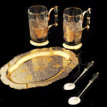 0034355/6873/П-2п Златоуст Чайный набор"Нефритовый дуэт"поднос+2подст+2ложки Нефрит П/У (6873)