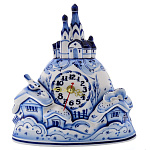 5884 Гжель Часы "ПЕЙЗАЖ ДОМИК" Авт. Исаев С.В.