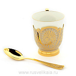 0026193 Златоуст Чайный набор: чашка+ложка, фарфор, позолота, серебрение, Фианиты в П/У(35)