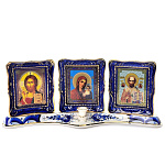 0026916 Гжель ИКОНЫ-ТРИПТИХ :Спаситель, Казанская, Николай Чудотворец (подст. под свечу)