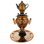 9387 Хохлома НР 3пр. Самовар 3 л роспись "Кудрина золотая" поднос и чайник