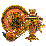 0074947-орех САМОВАР эл.  3л "КЛУБНИКА" двойной фон с поднос кругл