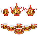 0069726  Хохлома Фарфор Сервиз Чайный на 6 перс. (15 пр.) кудрина  на красном 