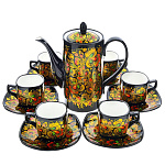 0042702 Хохлома НАБОР КОФЕЙНЫЙ НА 6 ПЕРСОН, Кофейник + 6ч/п черный фон, кудрина