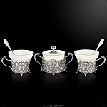 0028661 Серебро 925* чайный Набор "Герб" 5 пр:сах+2чаш+2лож +футляр 851НБ07806  (подстаканник)