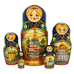 4505 Матрешка "ХРАМ ВАСИЛИЯ БЛАЖЕННОГО" Гуашь синий платок5 м,18 см