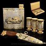 13811 Златоуст Набор охотничий "Записки охотника": Кинжал+фляга+3 стопки в П/У(172) 