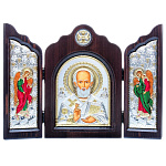 0052384/34*24см/5002619031 Икона Триптих "Николай Чудотворец"шелкогр/позолота/серебр