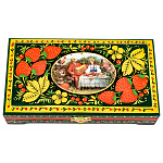 100443  ХОХЛОМА ШКАТУЛКА "ЯГОДЫ  Сюжет ЛЕТНИЙ ОТДЫХ" 180*100  (зеленый фон) Р11