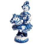 8300 Гжель Скульптура "Скоморох на лошадке" 12*16см Авт.Черновы Л.и В.
