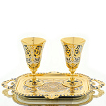 0016069 Златоуст НАБОР ВОДОЧНЫЙ:2 рюмки и поднос, позолота, серебр.,Сердолик,П/У