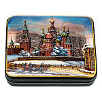 200106 ШКАТУЛКА с худ росписью "МОСКВА ХРАМ ВАСИЛИЯ БЛАЖЕННОГО"зима, перламутр10*8*2,5 см