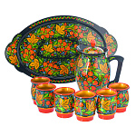 0076566  Хохлома НАБОР Д/СОКА  с син, на овальном подносе: кувшин+6 стаканов