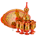 200368 Хохлома НАБОР для ШАМПАНСКОГО КУДРИНА на красном на овал подносе: штоф+6 рюм