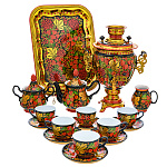 0090102 -Хохлома САМОВАР желудь 3л  с сервизом на 6 перс. КЛУБНИКА