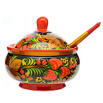 0021683/11,5*12см-лож-зел-ф Хохлома САХАРНИЦА 11,5*12см с ложкой зеленый фон