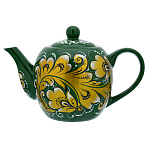 0020999 ХОХЛОМА чайник "Золотая кудрина" зеленый фон (форма 7) 0,7л