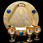 0021866 Златоуст НАБОР ВОДОЧНЫЙ 3 рюмки, Агат голубой, .позолота в П/У