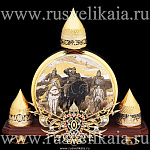 0030524 Златоуст НАБОР "Три богатыря" (фляга,3 чарки,подставка) в П/У