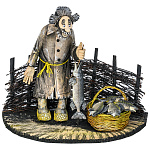 200731 Резьба по дереву Скульптура "Рыбак с корзиной" 