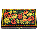 0072566 ХОХЛОМА ШКАТУЛКА "Морошка. Птичка" две птички 18*10*4 (черный фон)