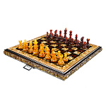 Шахматы складные с инкрустацией и фигурами из янтаря 34х34 см