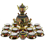 архив0021414/3л ХОХЛОМА Сервиз 12персон "ПЕТУШОК"Самовар 3л+поднос+чайник+сахарница